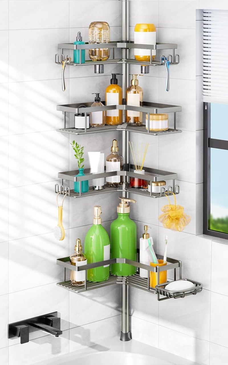 HAMITOR Shower Caddy Tension Pole: 4-Tier Corner Rustproof Bathroom Organizer with Soap Holder - No-Drill Adjustable Shower Shelf for Renters - Small Space Storage Rack for Apartment - 47-123 Inch - Image 1